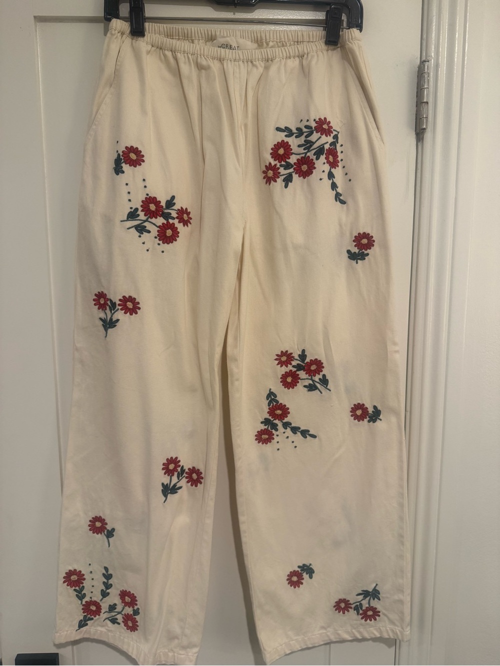 THE GREAT. Cream Wide-Leg Pants with Red Floral Embroidery NWT